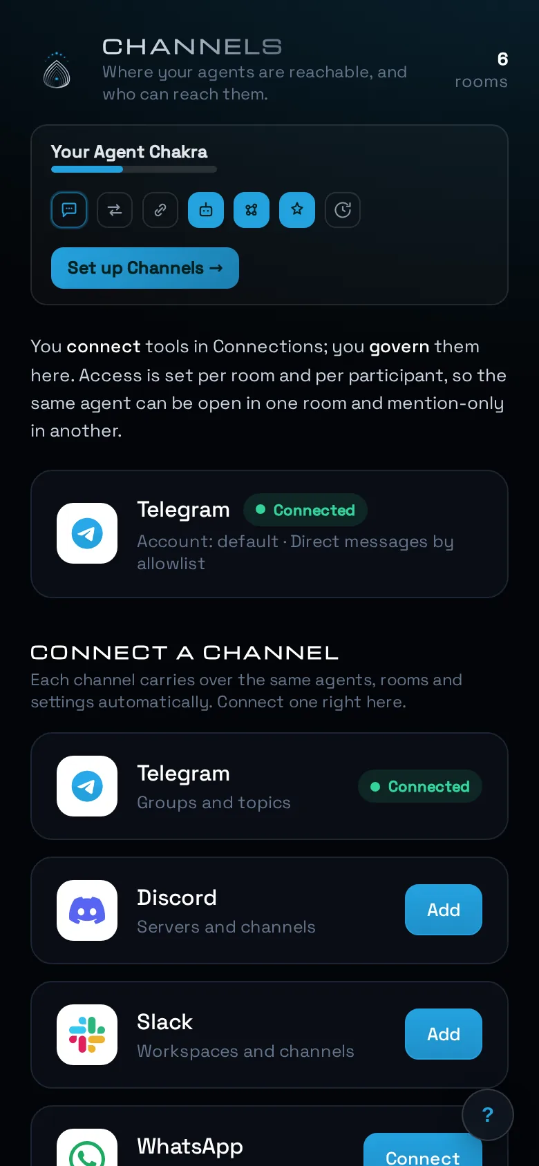 The Channels view on mobile: connected channel, catalog, and real rooms with policies.