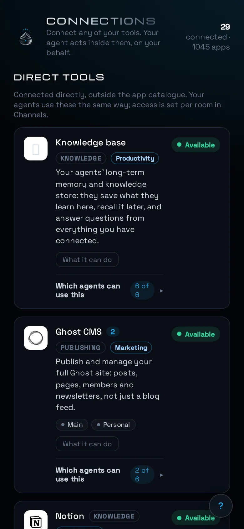 The Connections view: 29 connected tools with per-tool descriptions and agent access counts, above a catalogue of 1,045 apps.
