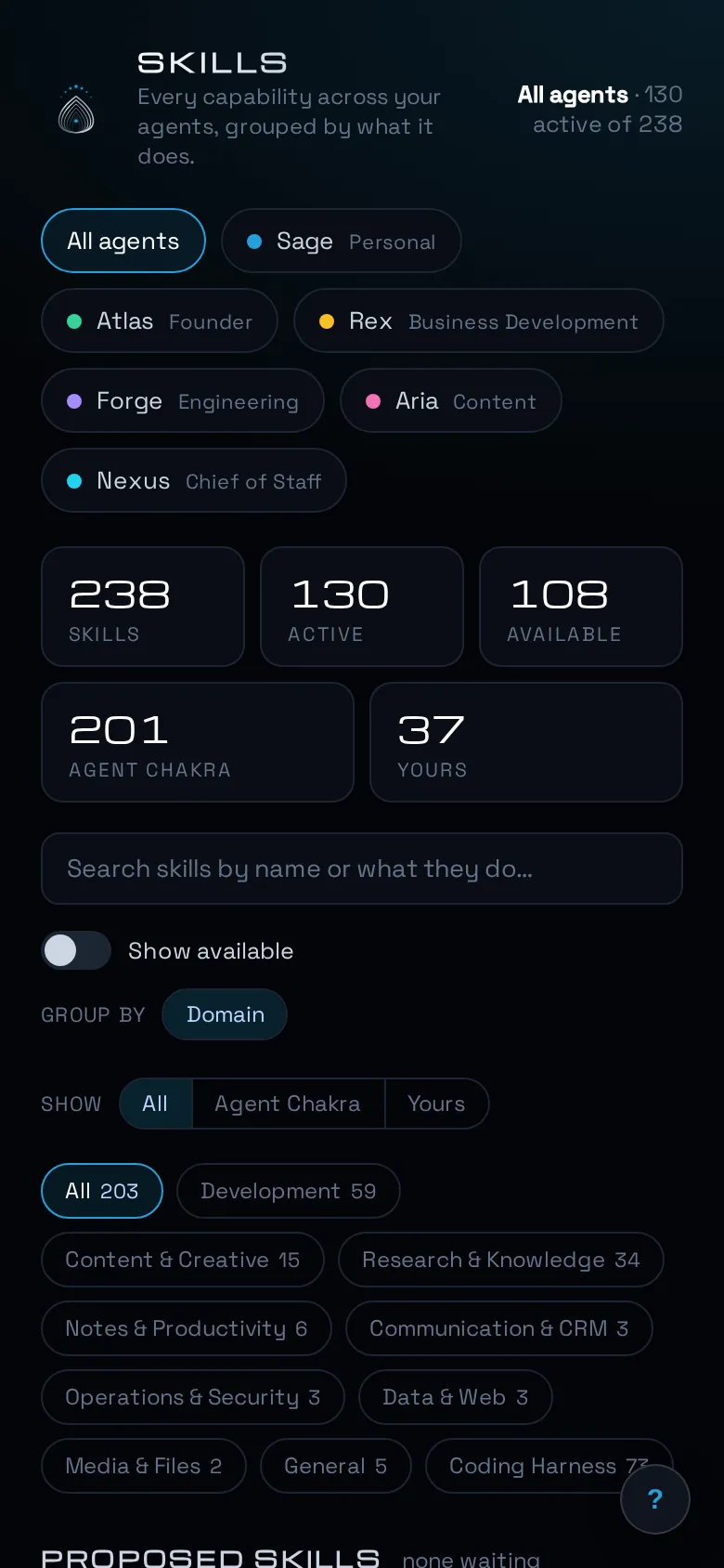 The Skills catalogue on mobile: 238 skills, 130 active, grouped by domain.